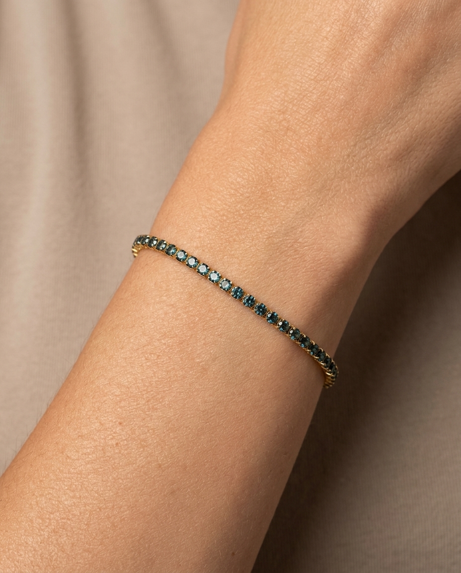 14KT Gold Blue Diamonds Tennis Bracelet 3.00 Cts on model