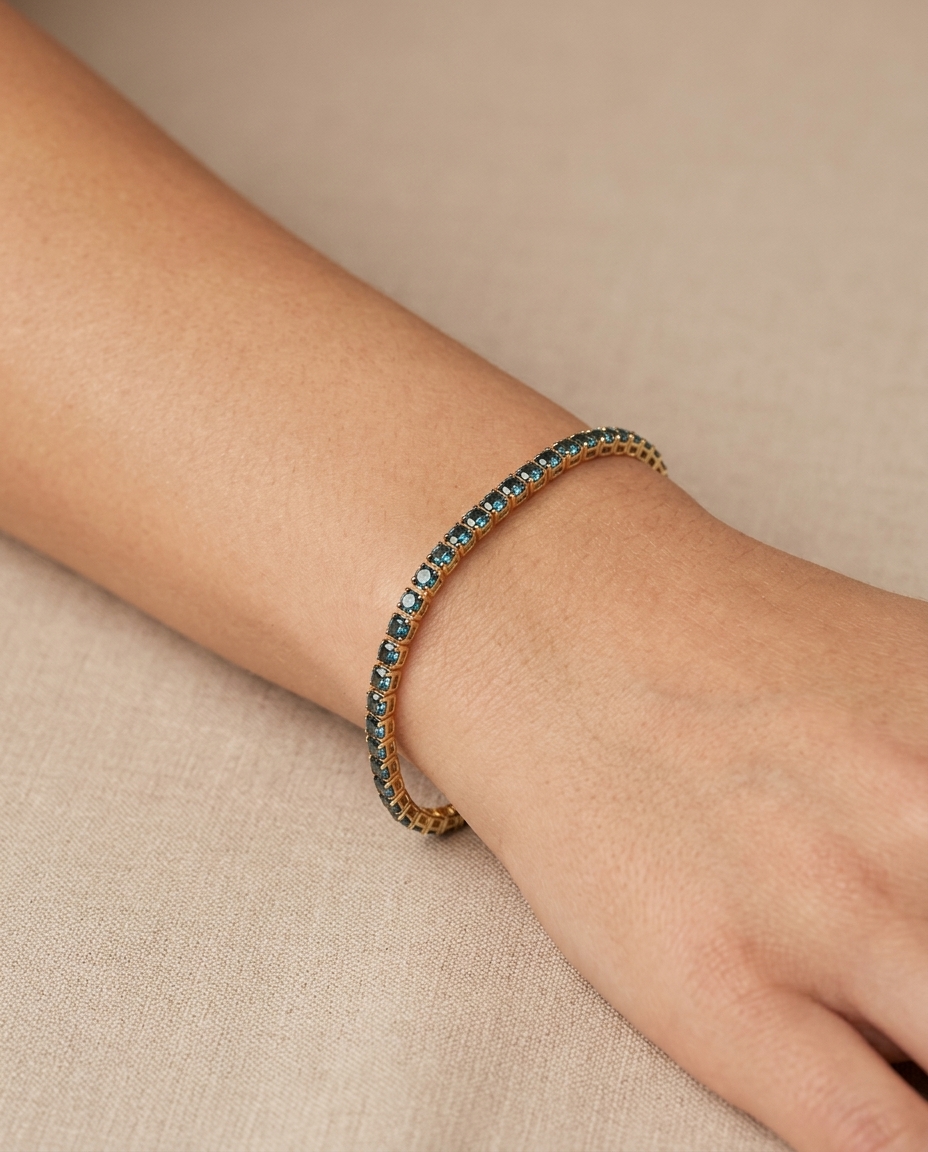 14KT Gold Blue Diamonds Tennis Bracelet 3.00 Cts on model
