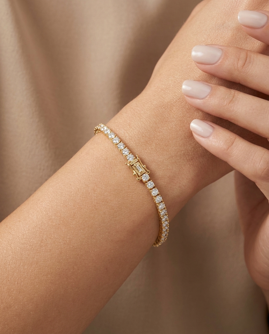 14KT Gold Diamond Tennis Bracelet on model