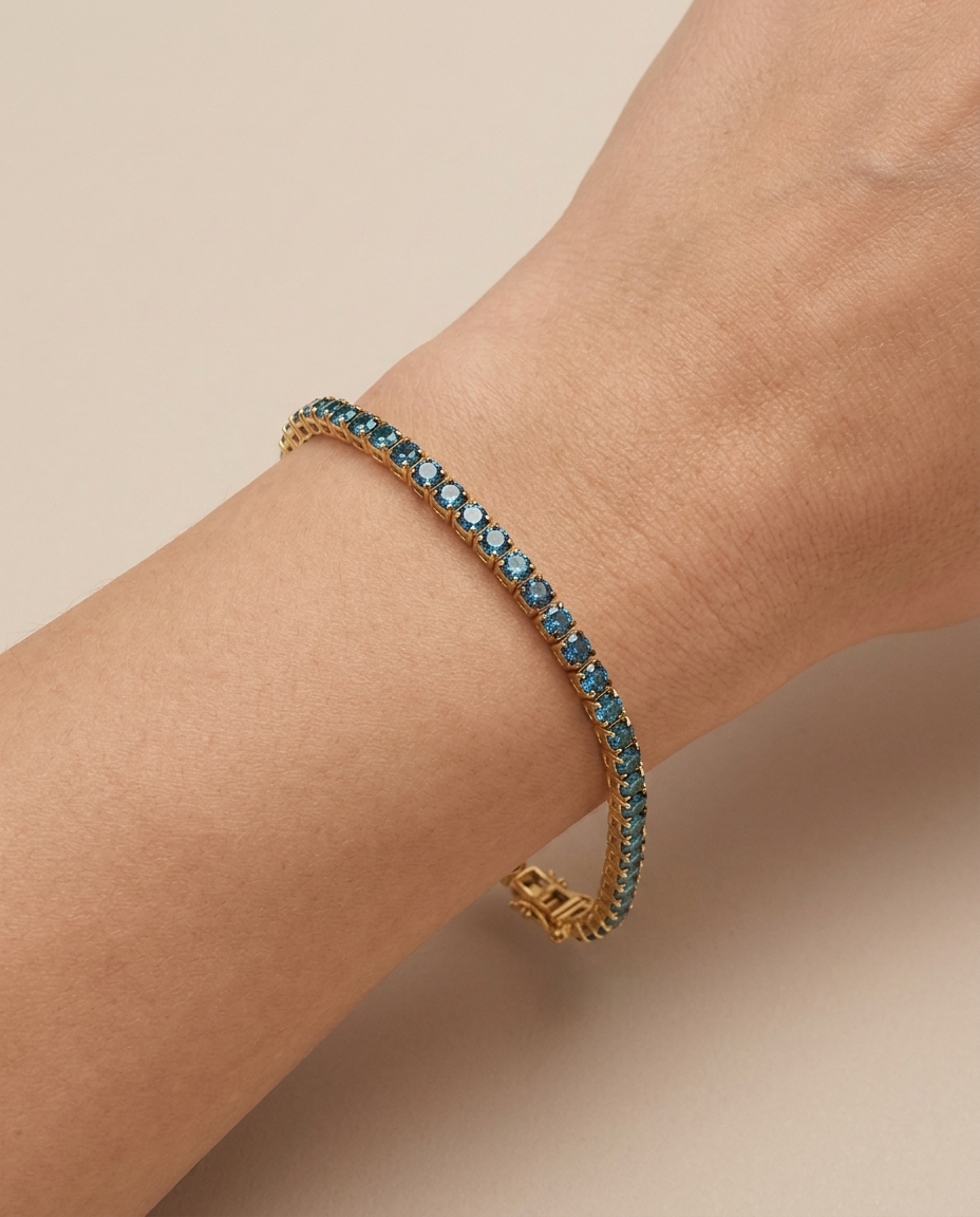 14KT Gold Blue Diamonds Tennis Bracelet 5.00 Cts on model