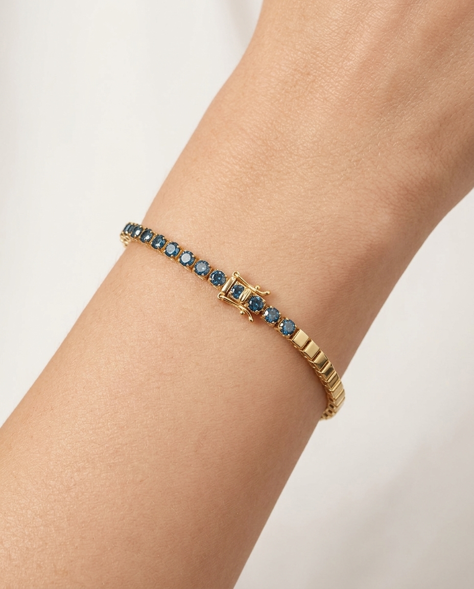 14KT Gold Blue Diamonds Tennis Bracelet 5.00 Cts on model