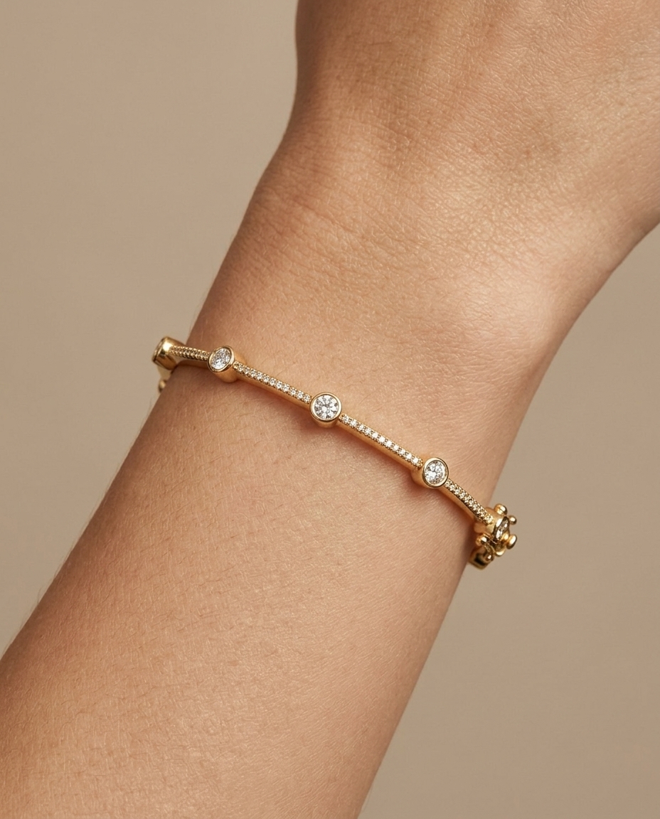 14KT Gold Diamond Bangle on model