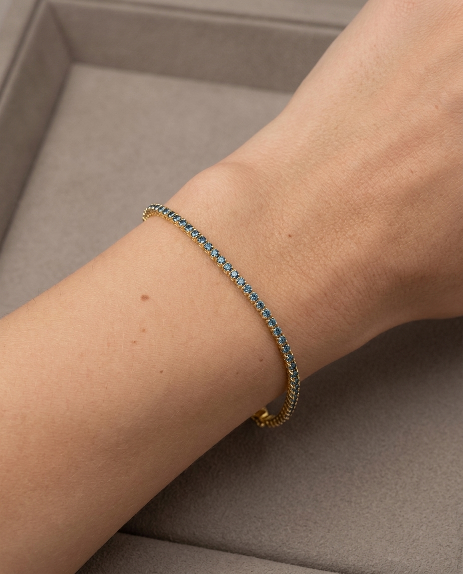 14KT Gold Blue Diamonds Tennis Bracelet 1.00 Cts on model