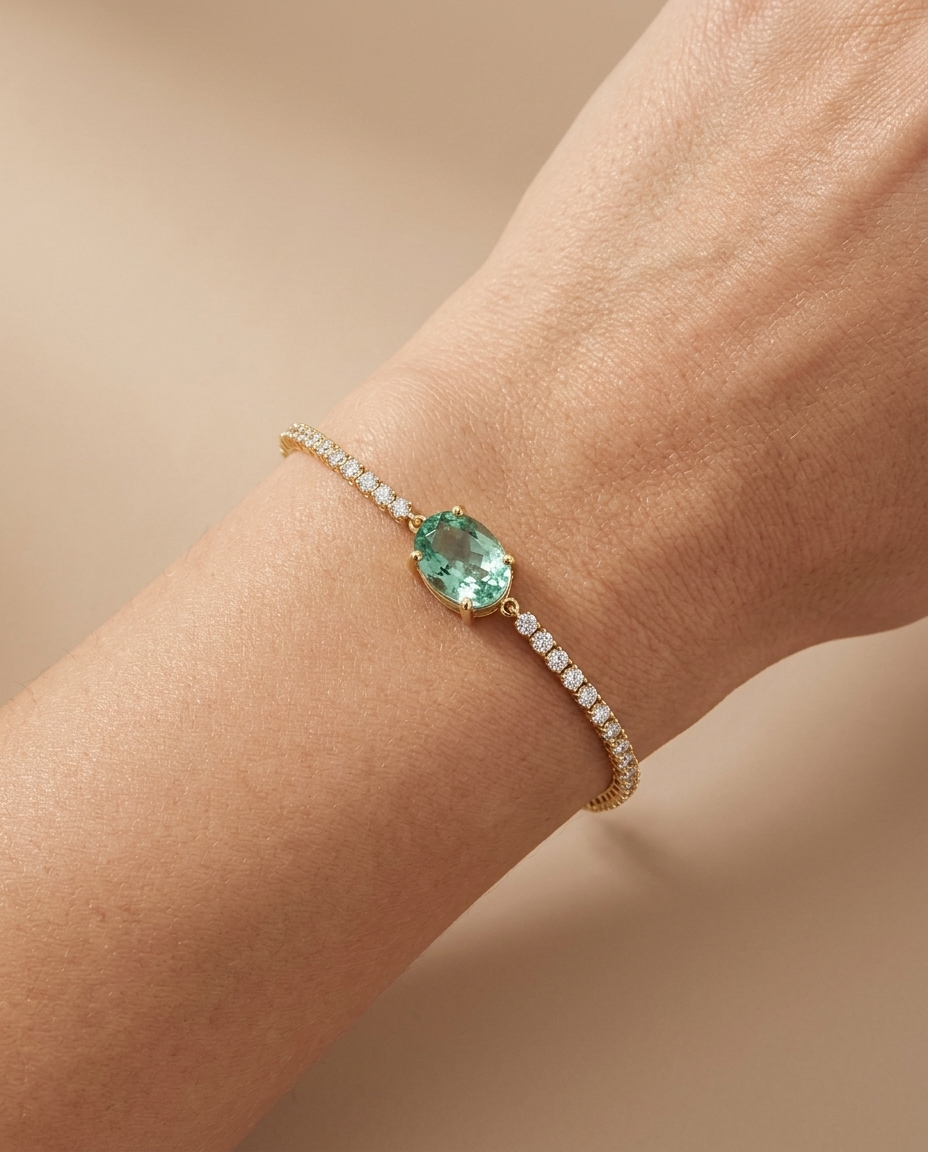 14KT Yellow Gold Tourmaline and Diamonds Tennis Bracelet on model