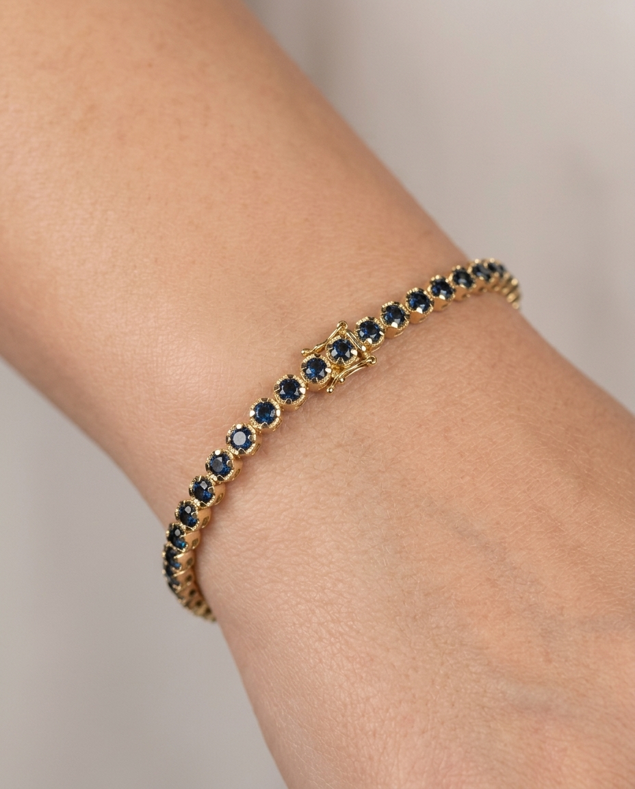 14KT Gold Blue Diamonds Tennis Bracelet 4.00 Cts on model