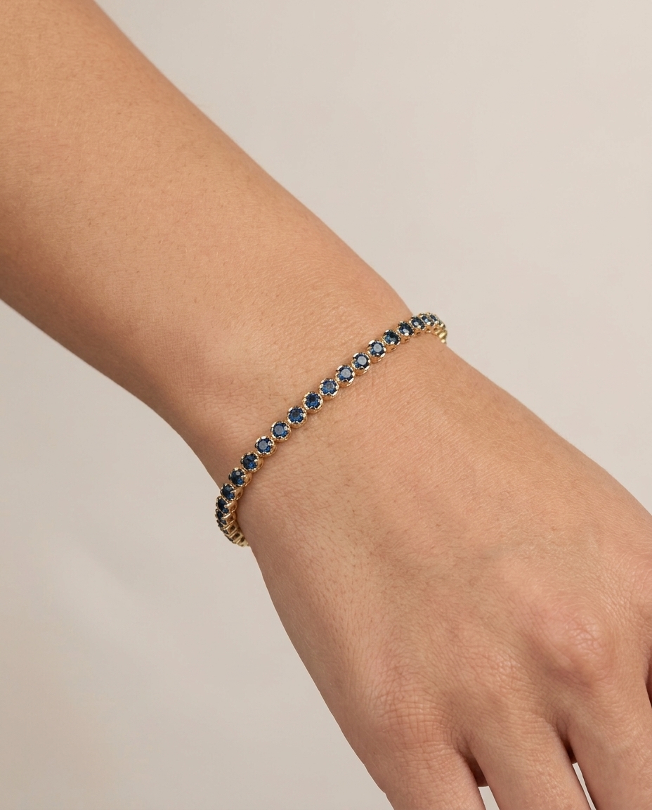 14KT Gold Blue Diamonds Tennis Bracelet 4.00 Cts on model