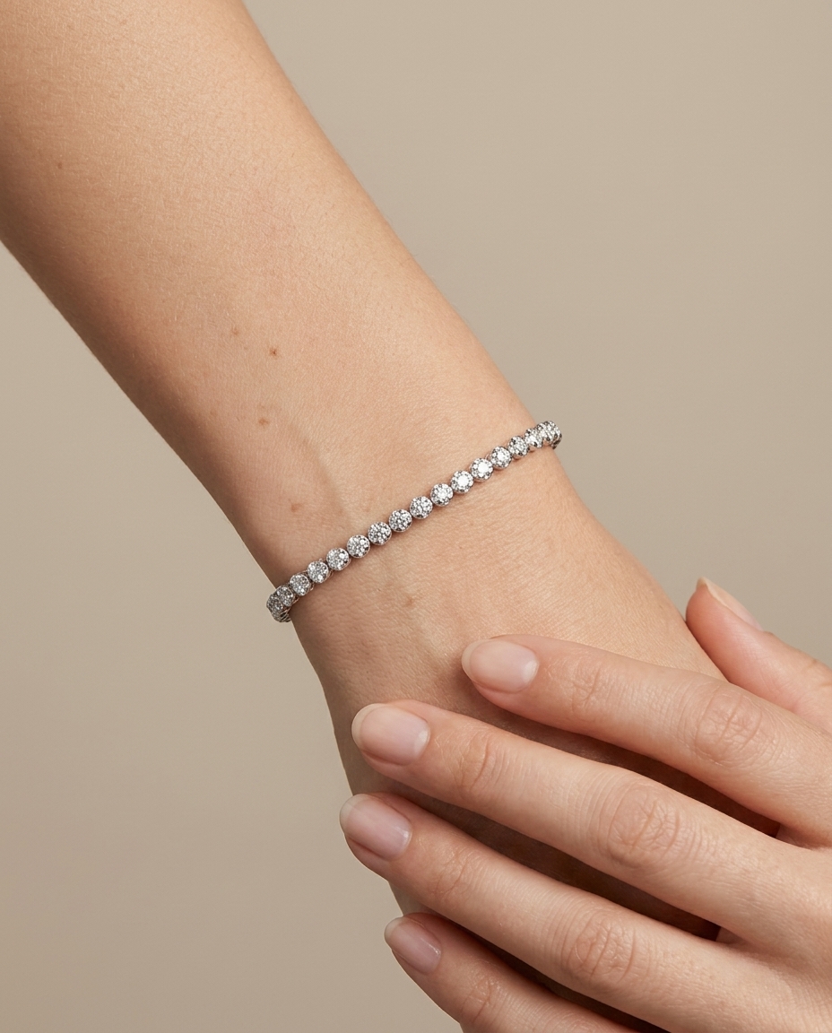 14KT White Gold Diamonds Buttercup Tennis Bracelet 5.00 Cts on model