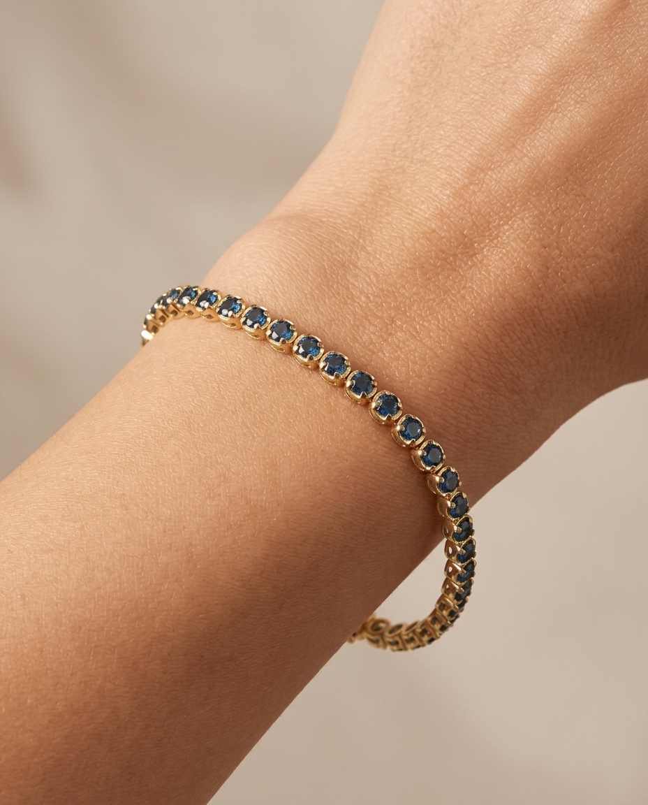 14KT Gold Blue Diamonds Tennis Bracelet 5.00 Cts on model