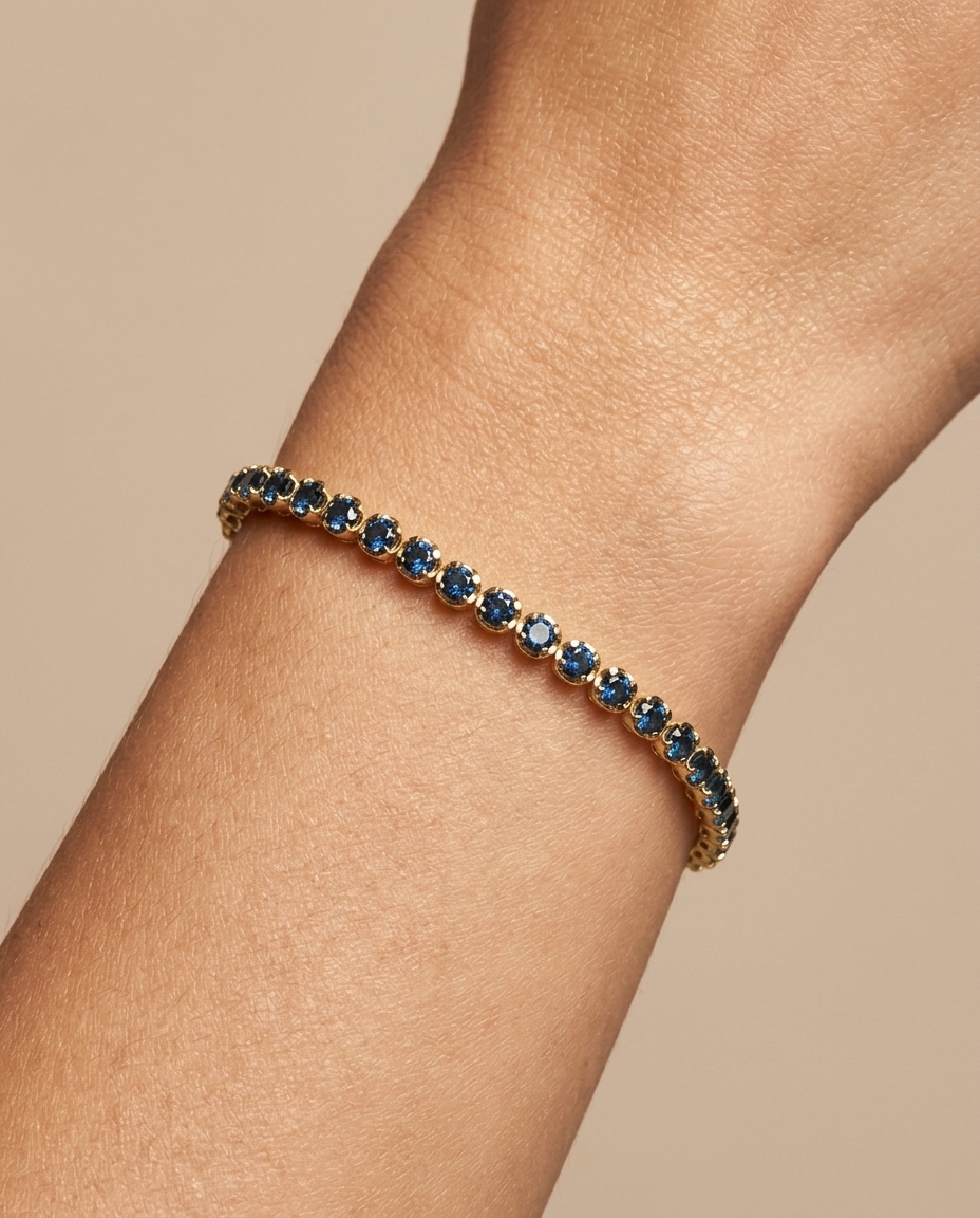 14KT Gold Blue Diamonds Tennis Bracelet 5.00 Cts on model