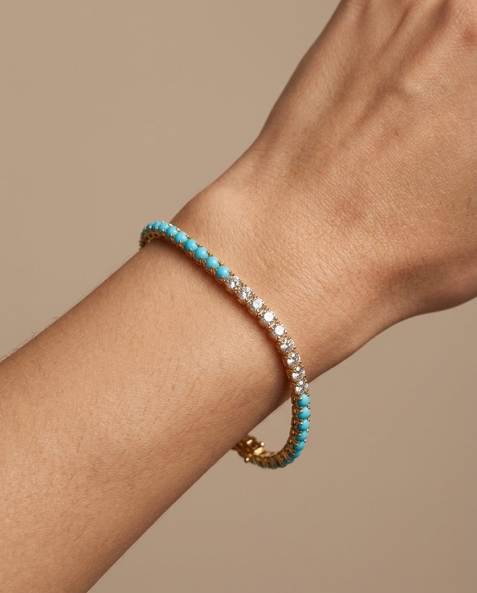 14KT Gold Turquoise and Champagne Diamonds Bracelet on model