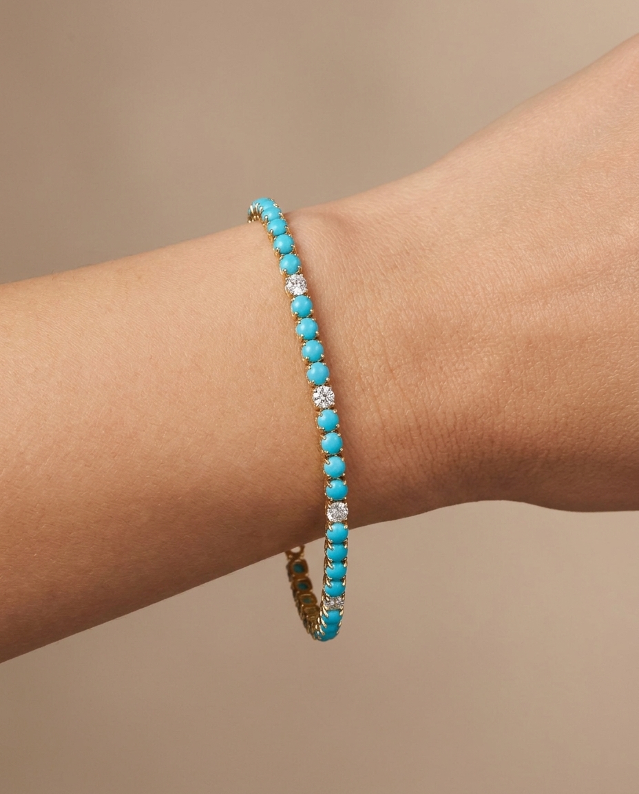 14KT Yellow Gold Turquoise and Diamonds Bracelet on model