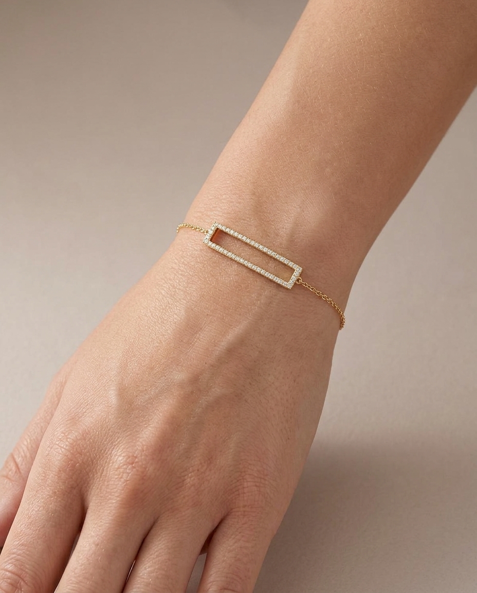 14KT Gold Diamond Rectangle Chain Bracelet on model