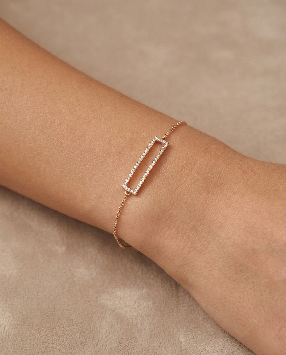 14KT Gold Diamond Rectangle Chain Bracelet on model
