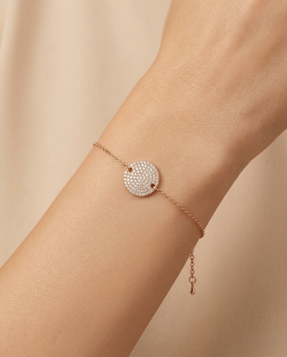 14KT Yellow Gold Diamond Round Disk Chain Bracelet on model