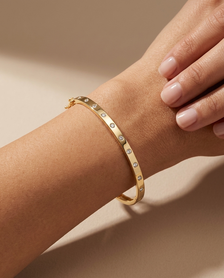 14KT Gold Diamond Bangle on model