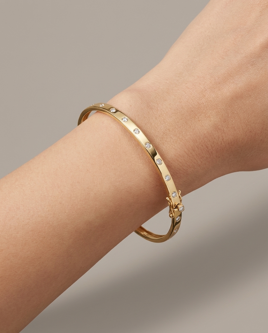 14KT Gold Diamond Bangle on model