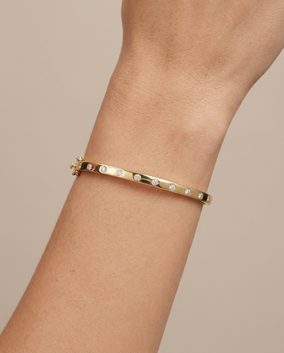 14KT Gold Diamond Bangle on model