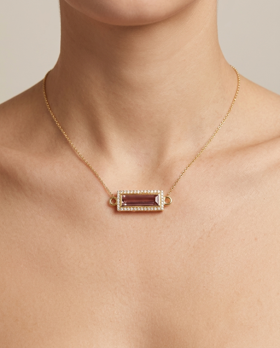 14KT Gold Tourmaline and Diamonds Pendant on model