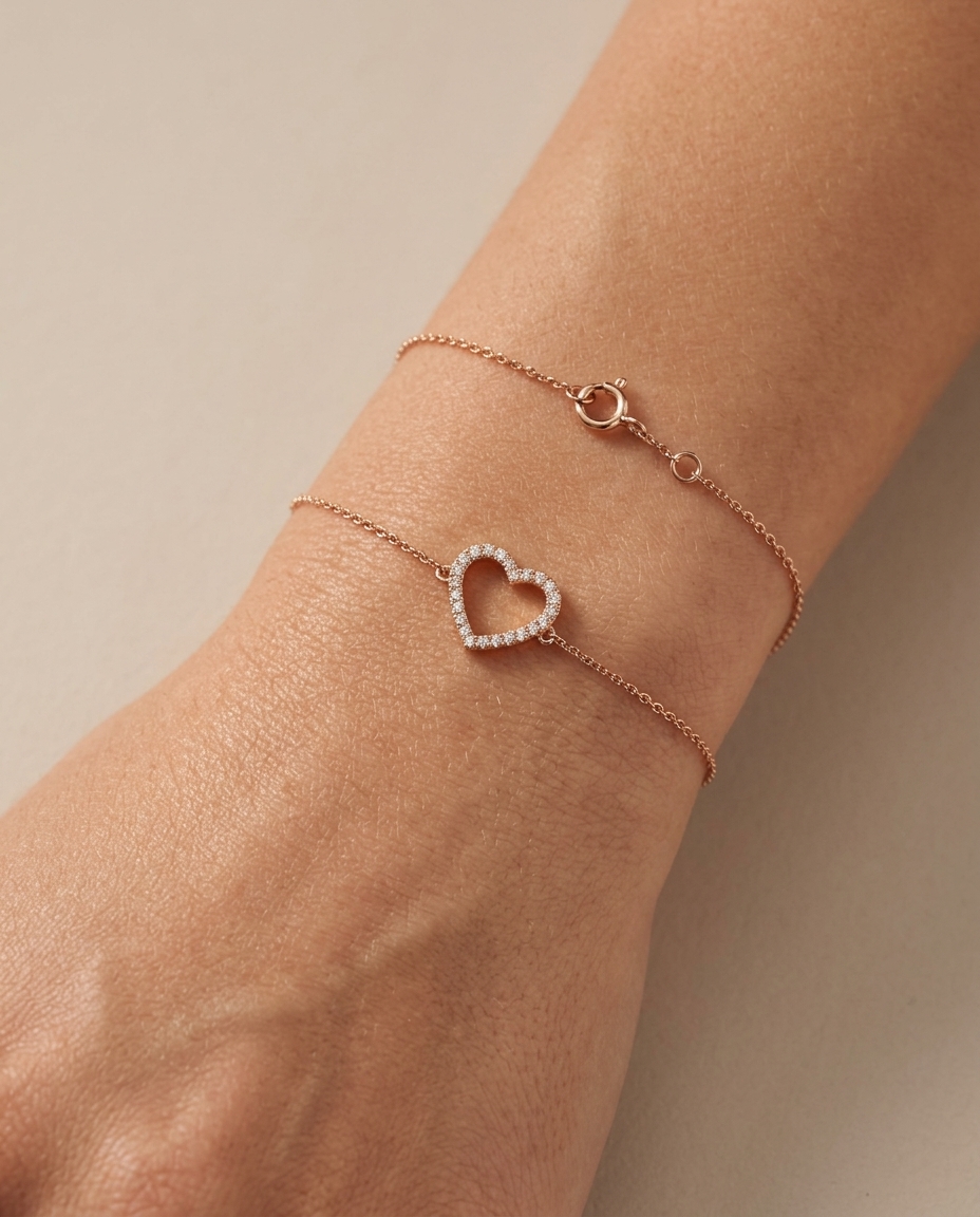 14KT Gold Diamond Heart Chain Bracelet on model