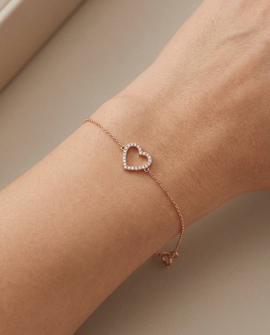 14KT Gold Diamond Heart Chain Bracelet on model