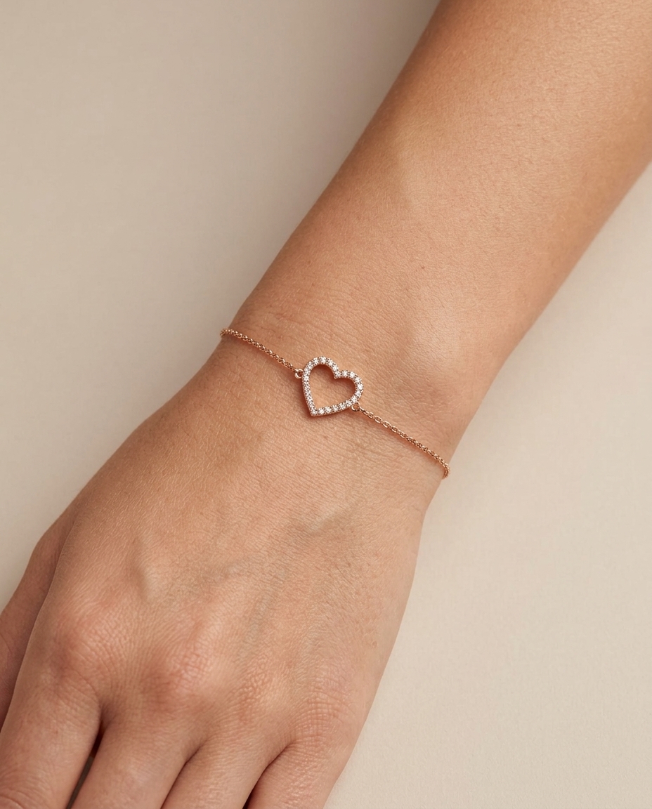 14KT Gold Diamond Heart Chain Bracelet on model