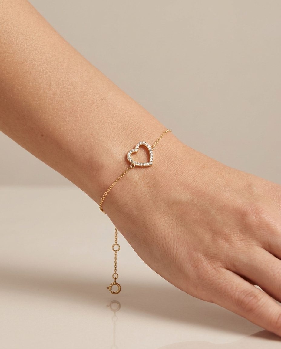 18KT Gold Diamond Open Heart Chain Bracelet on model