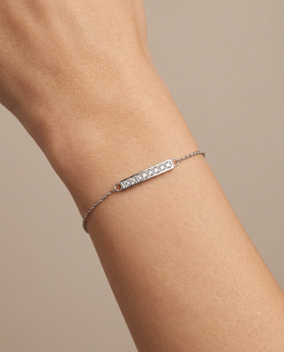 14KT White Gold Diamond Bar Bracelet on model