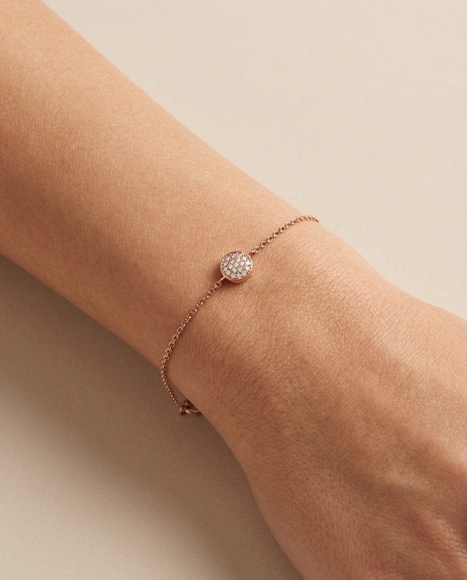 14KT Yellow Gold Diamond Mini Round Disk Bracelet on model