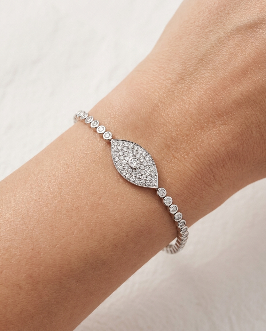 Bezel Set Evil Eye Tennis Bracelet on model