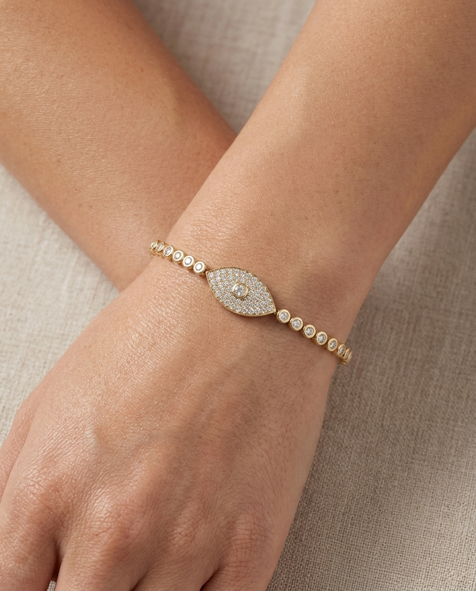 Bezel Set Evil Eye Tennis Bracelet on model