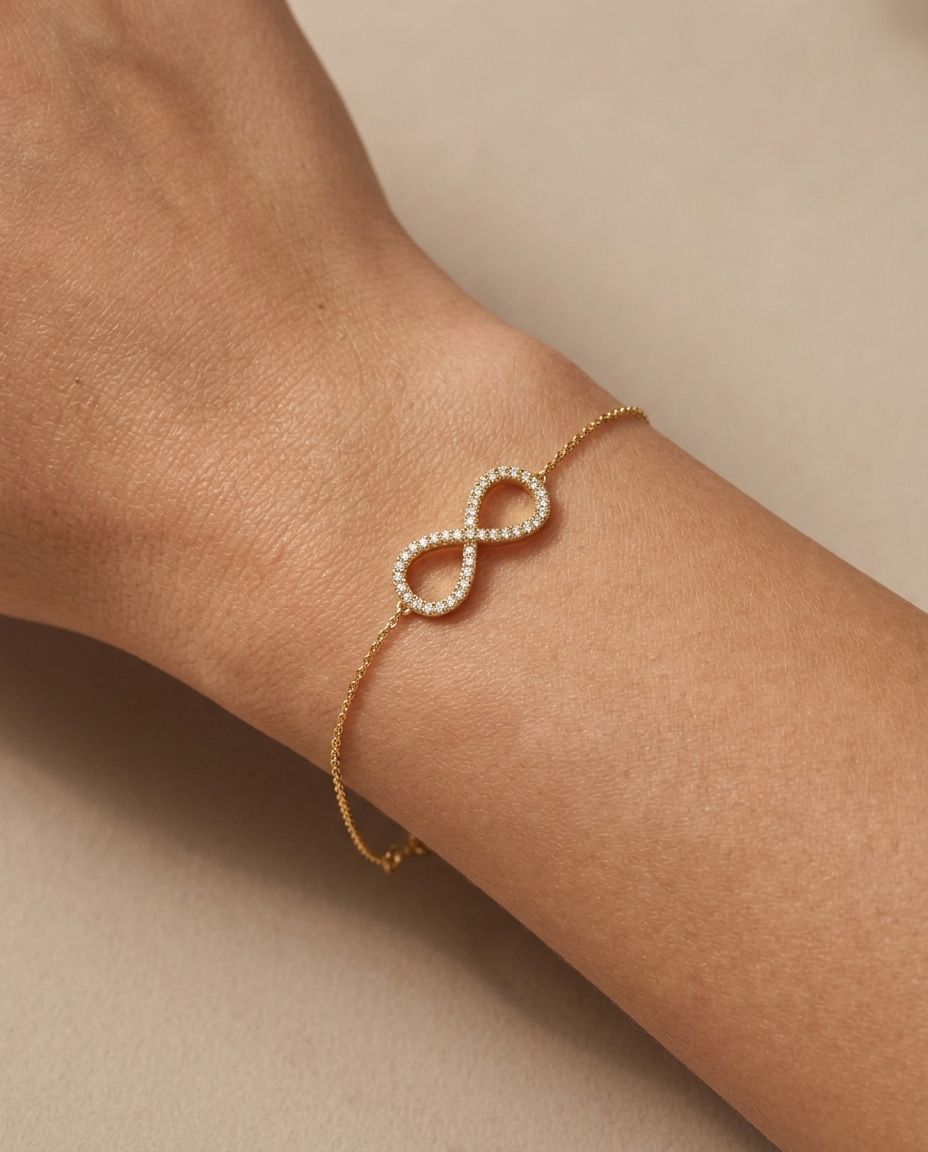 18KT Gold Diamond Infinity Chain Bracelet on model