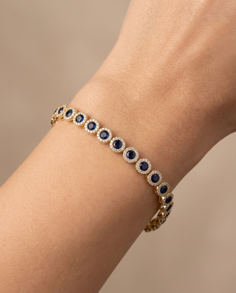 14KT Gold Blue Sapphire and Diamonds Tennis Bracelet on model