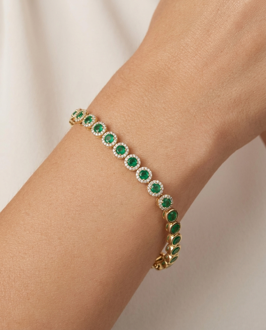 14KT Gold Emerald and Diamonds Tennis Bracelet on model