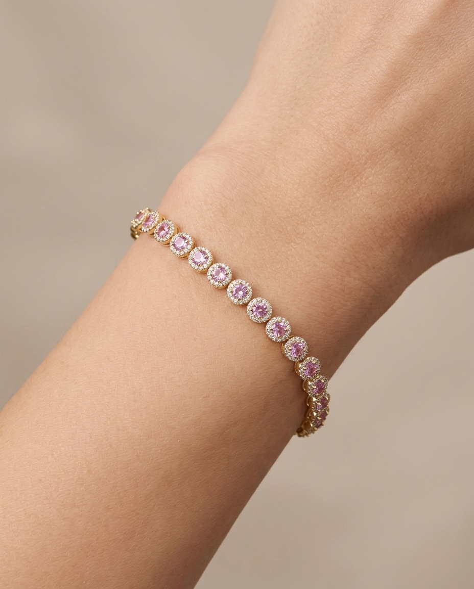 14KT Gold Pink Sapphire and Diamonds Tennis Bracelet on model