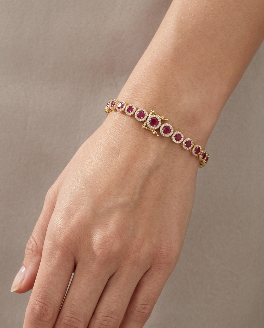 14KT Gold Ruby and Diamonds Tennis Bracelet on model