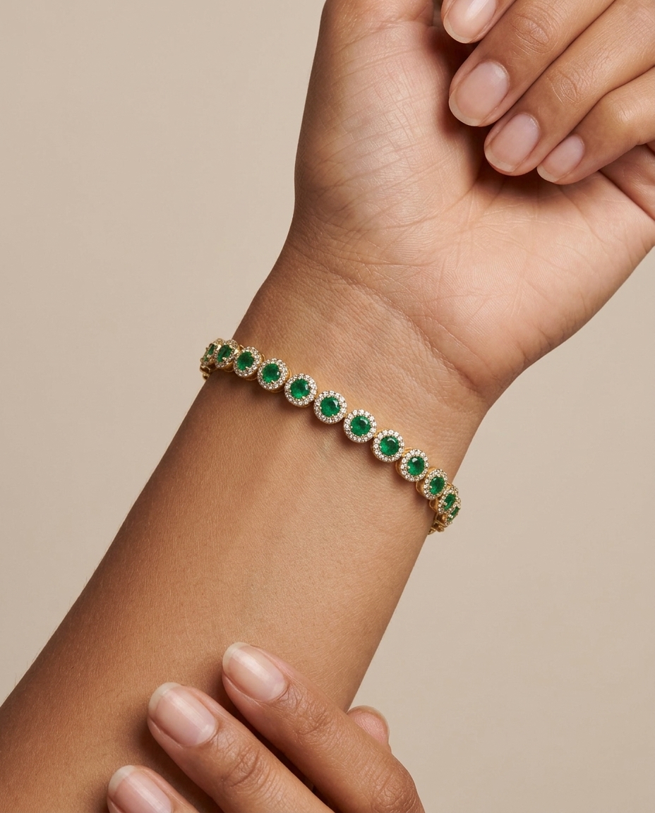 14KT Gold Emerald and Diamonds Tennis Bracelet on model