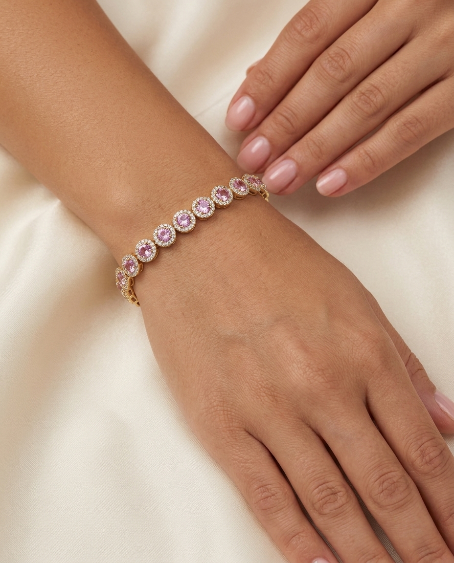 14KT Gold Pink Sapphire and Diamonds Tennis Bracelet on model