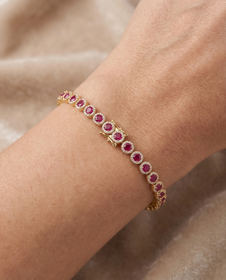14KT Gold Ruby and Diamonds Tennis Bracelet on model