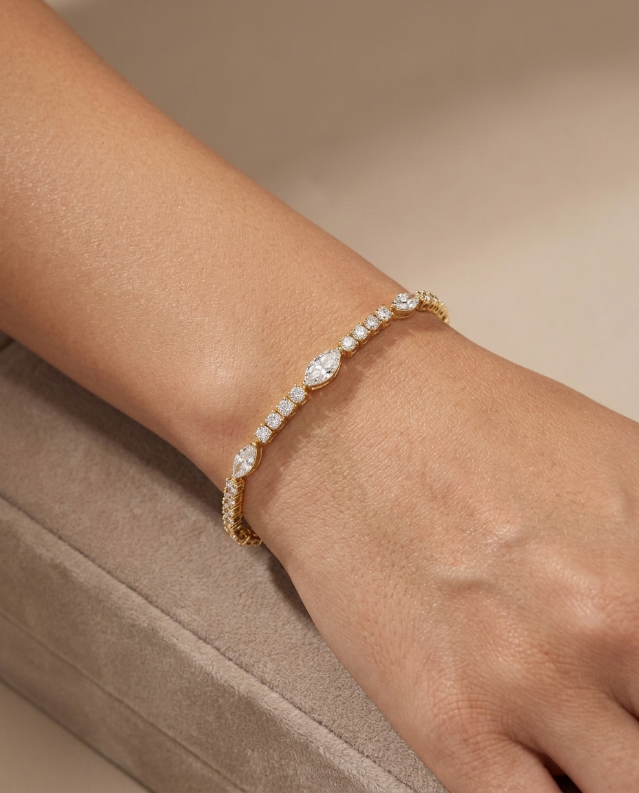 14KT Gold Marquise & Round Diamond Tennis Bracelet on model