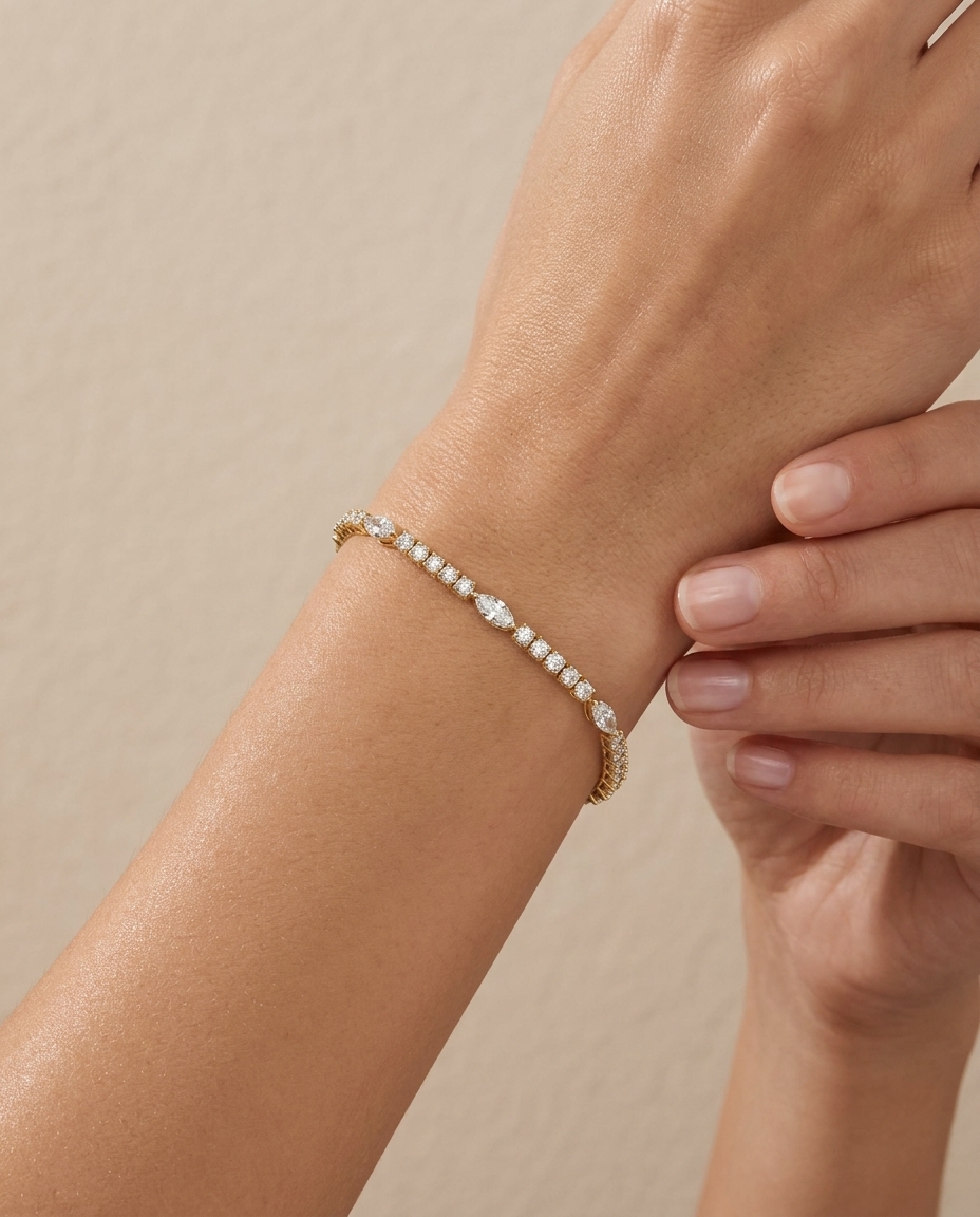 14KT Gold Marquise & Round Diamond Tennis Bracelet on model