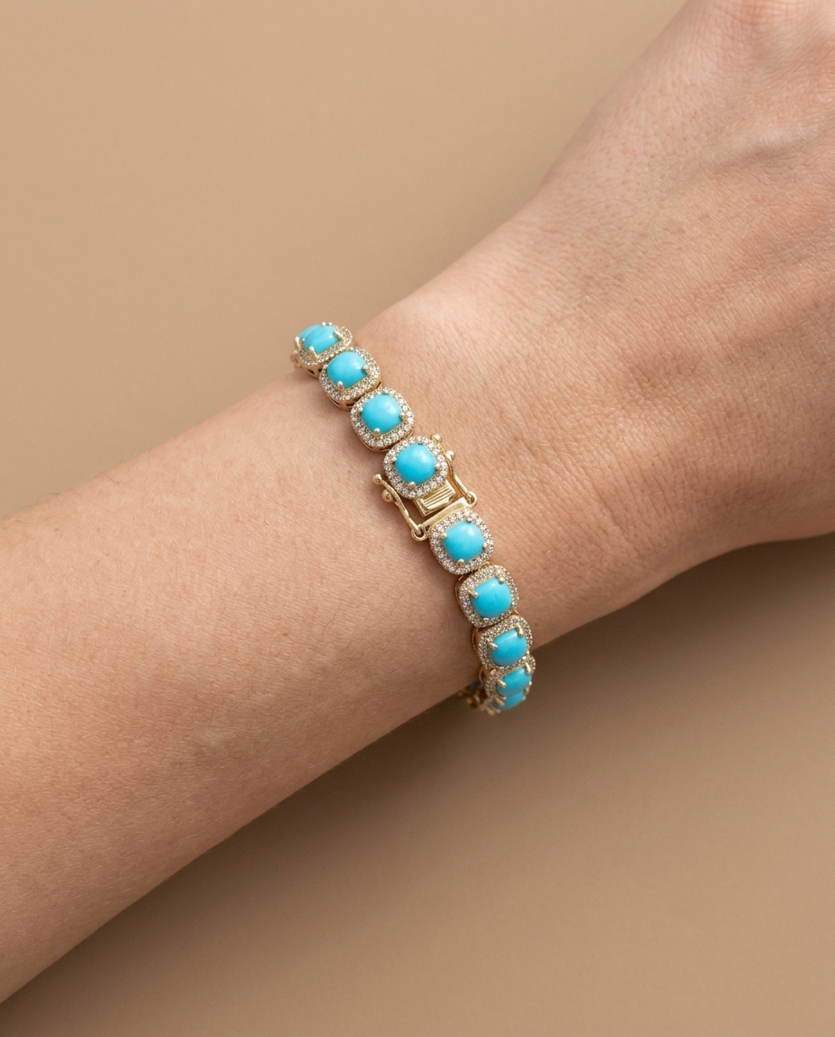 14KT Yellow Gold Turquoise and Diamonds Bracelet on model