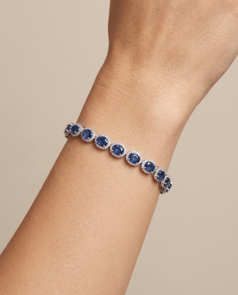 14KT White Gold Diamond Sapphire Oval Shape Bracelet on model