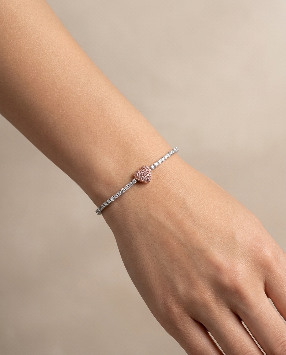 14KT Gold Pink Sapphire and Diamonds Heart Tennis Bracelet on model