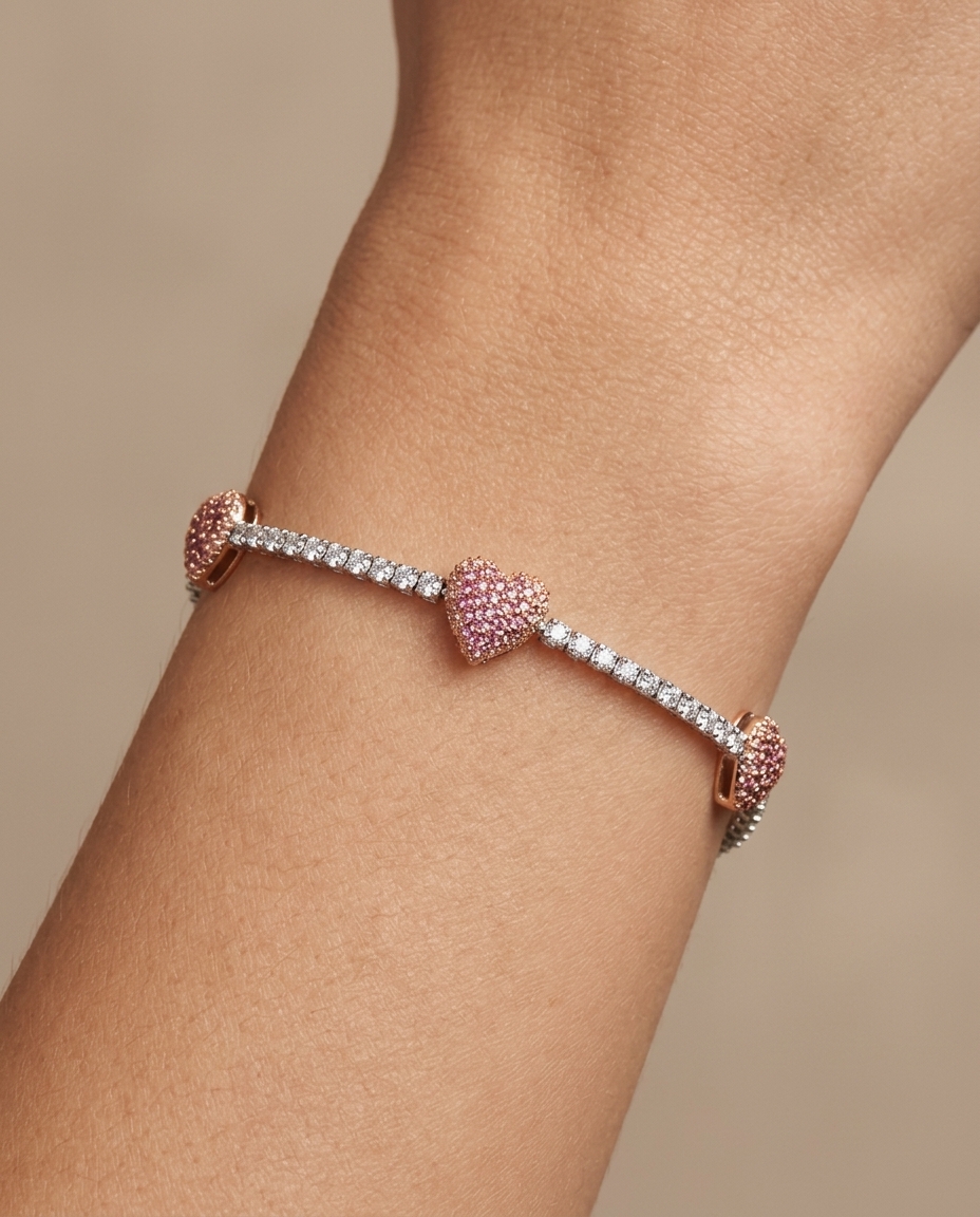 14KT Gold Pink Sapphire and Diamonds Heart Tennis Bracelet on model