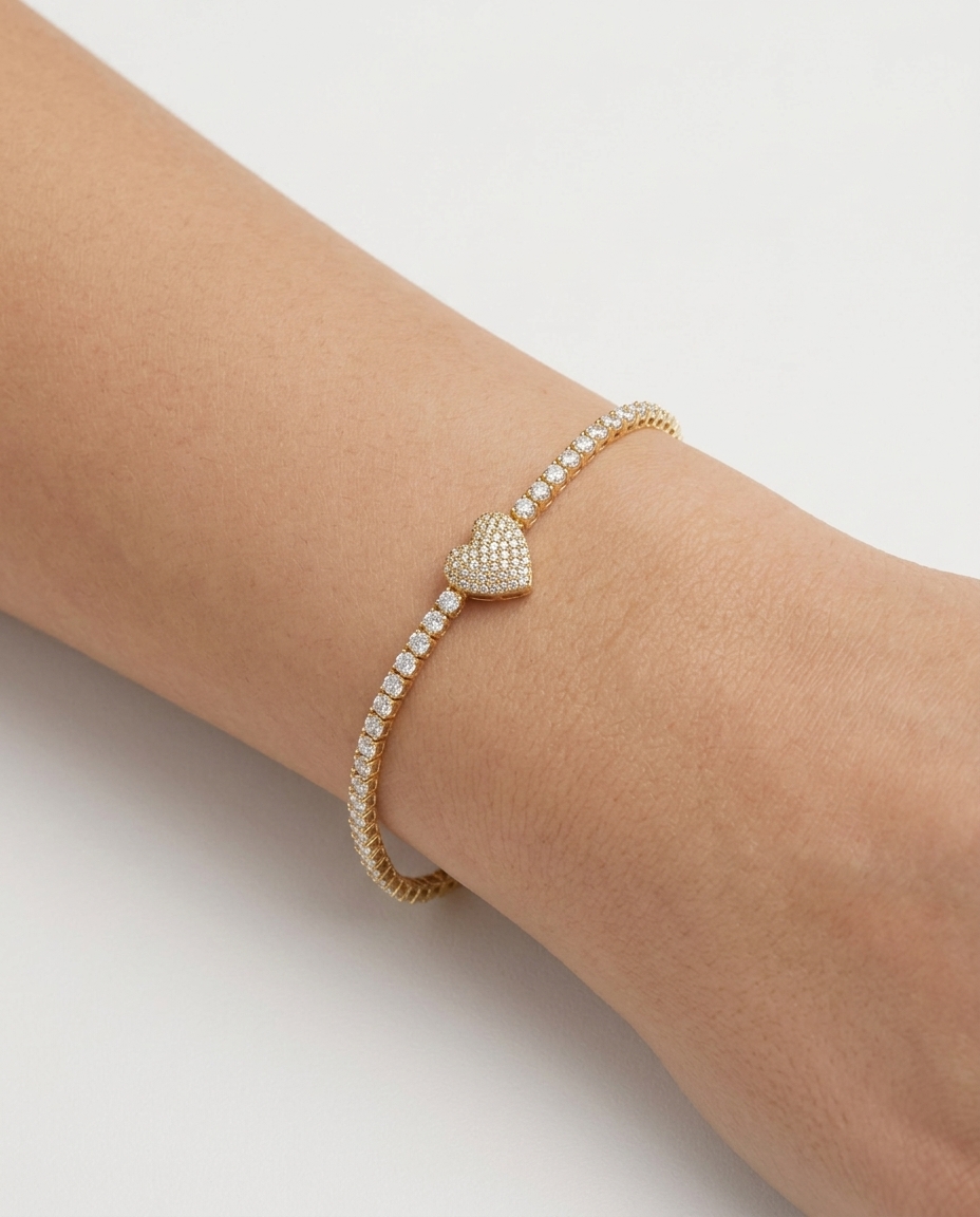 14KT Gold Diamonds Heart Tennis Bracelet on model