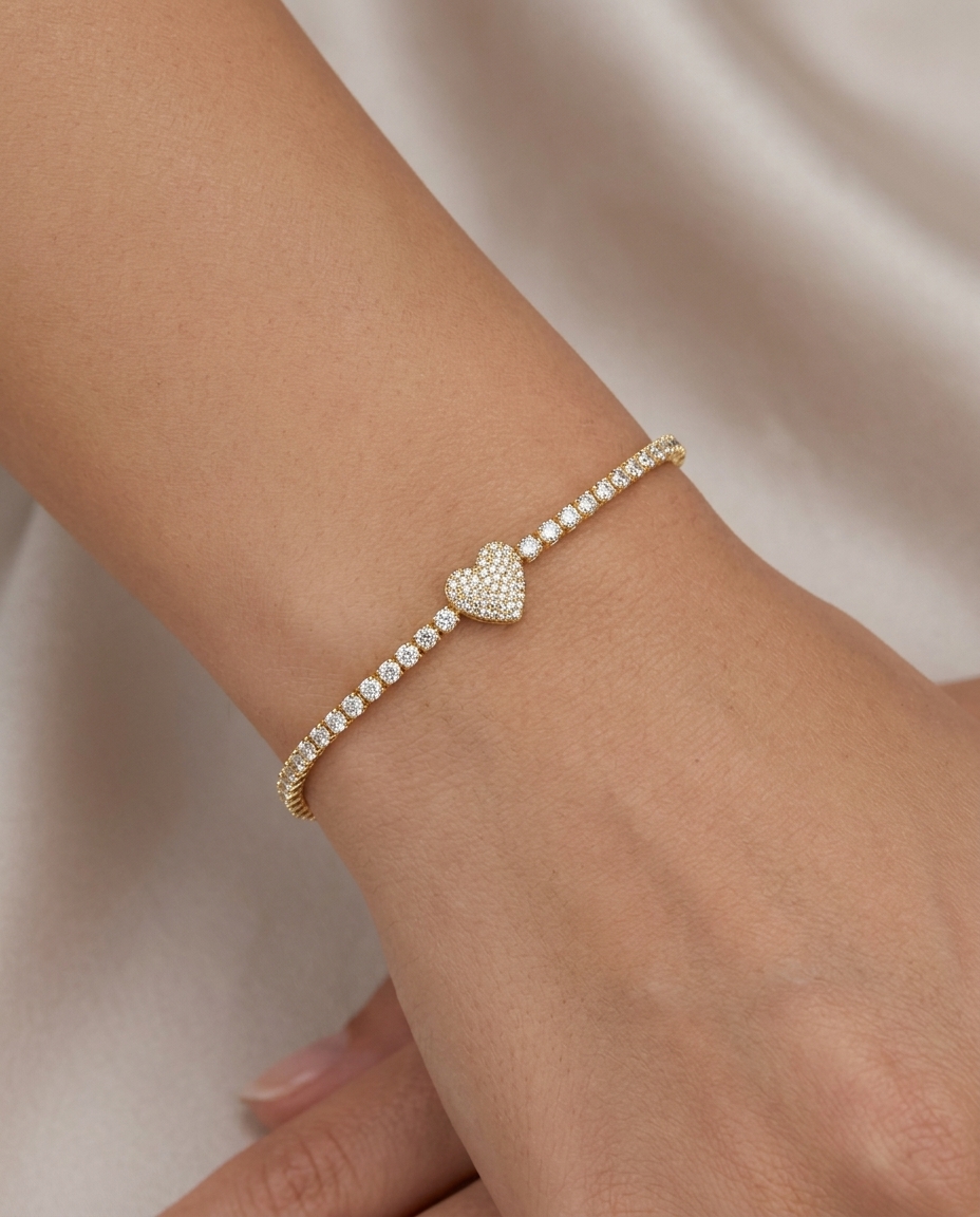14KT Gold Diamonds Heart Tennis Bracelet on model