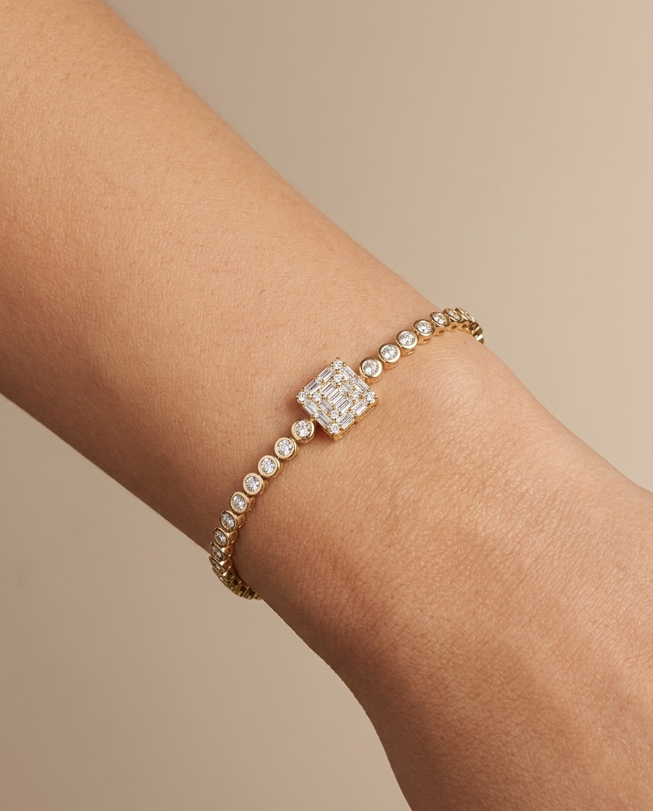 14KT Gold Diamond Bezel Tennis Bracelet on model