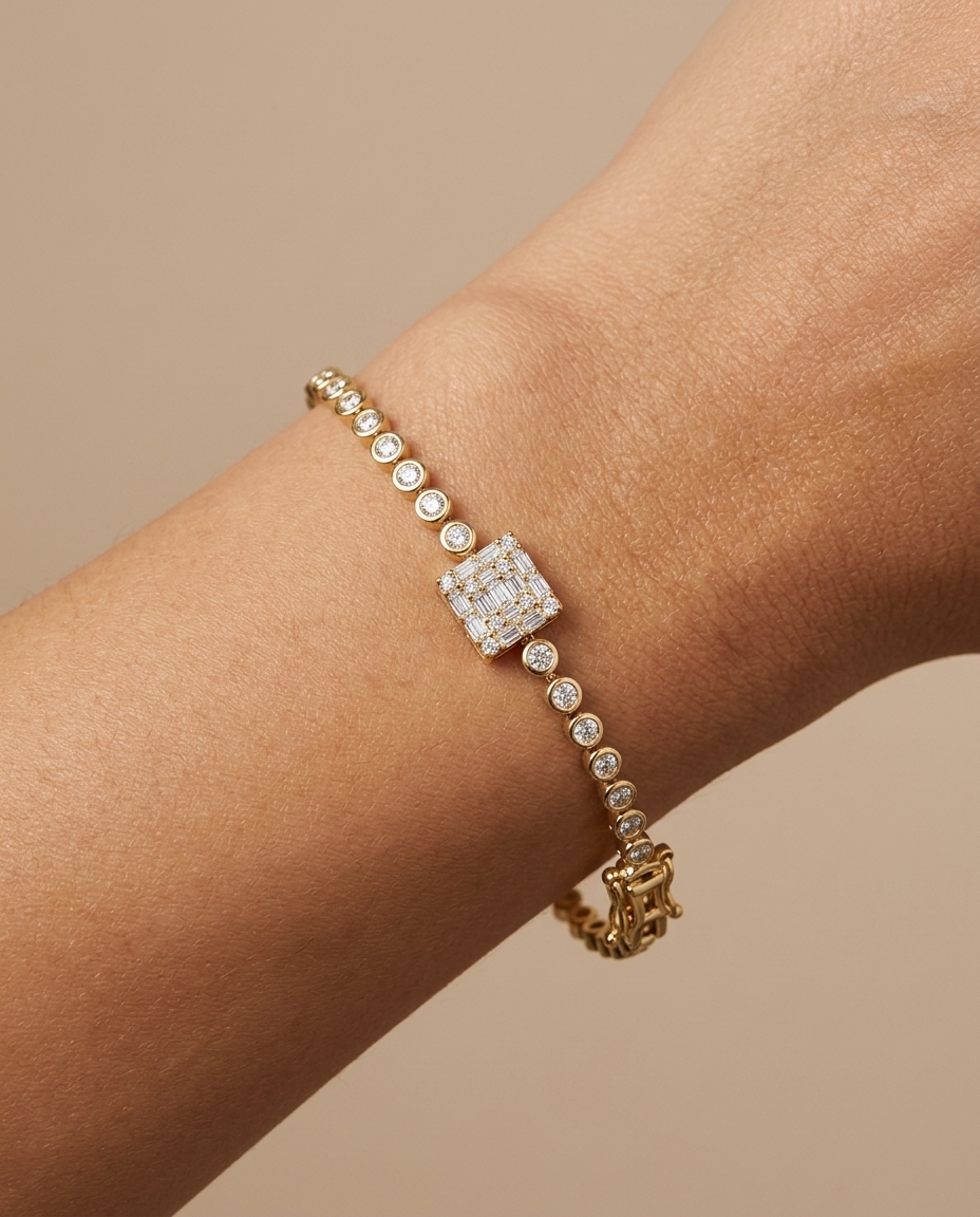 14KT Gold Diamond Bezel Tennis Bracelet on model