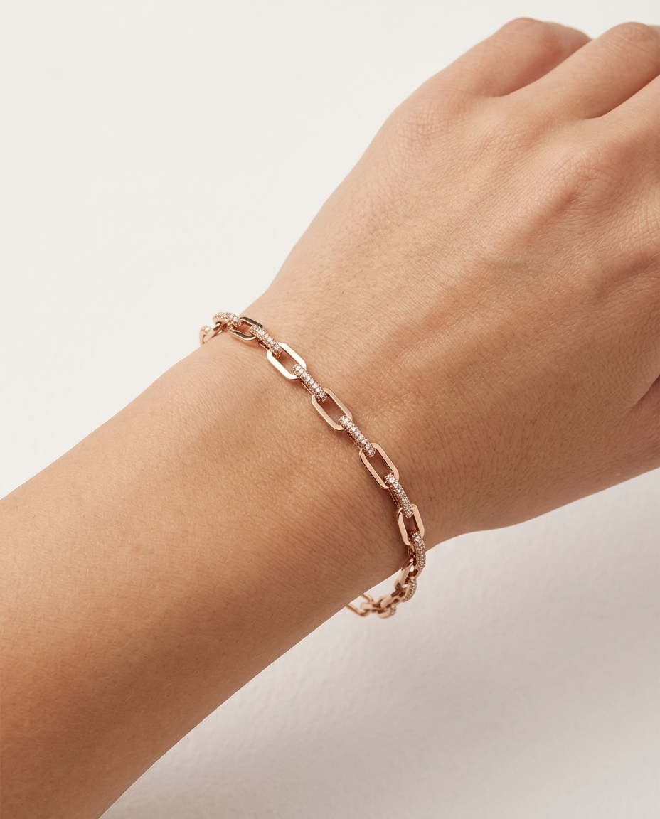 14KT Rose Gold Diamond Paperclip Bracelet on model