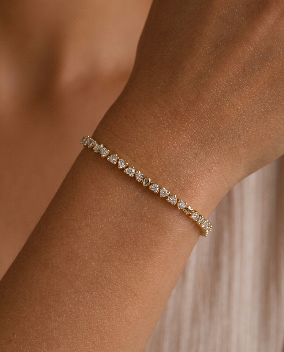 14KT Yellow Gold Diamonds Heart Tennis Bracelet on model